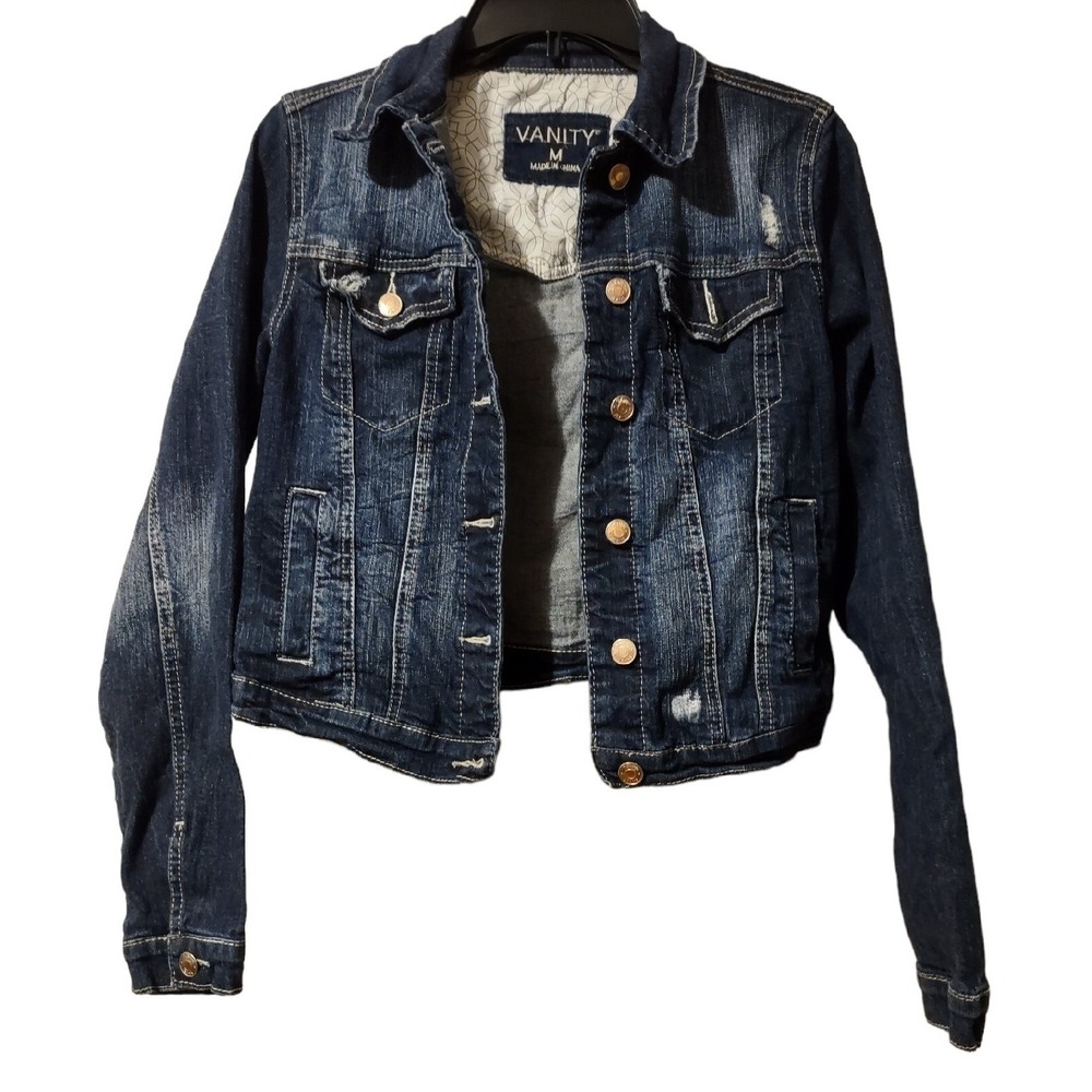 Vanity Women's Jean Jacket‎ Adult Size Medium Stretch Distressed Pockets Buttons